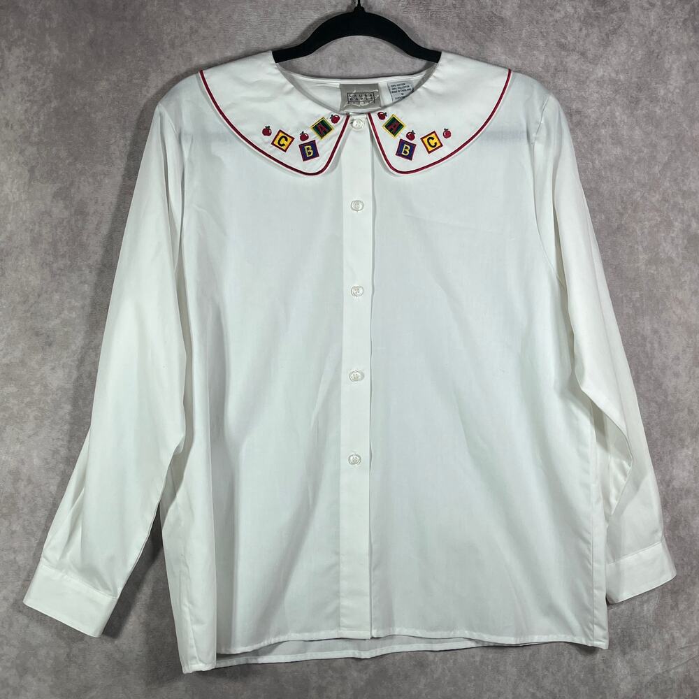 Vintage‎ Laura Gayle Blouse Womens 12P White Button Up Peter Pan Collar 80s 90s